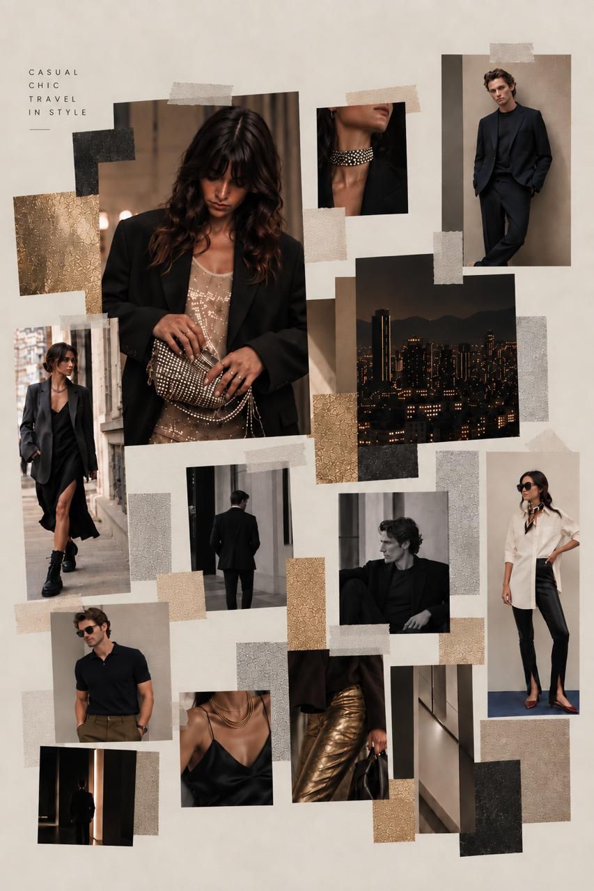 Mood board: black blazers, slip dresses, sequins, gold metallic textures and a city skyline at night